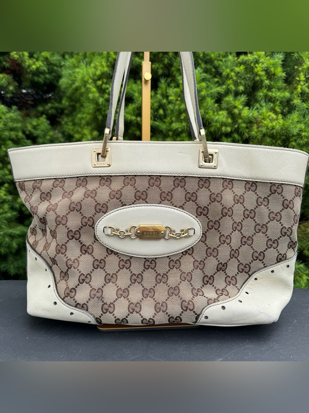 Gucci Beige Canvas GG Monogram Tote with Cream Leather Trim